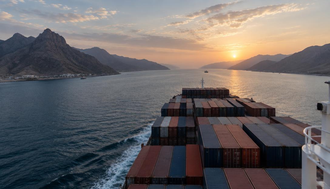 A huge container ship passing through Bab el Mandeb at dawn, rugged mountains on both sides, viewed from the weather deck.
