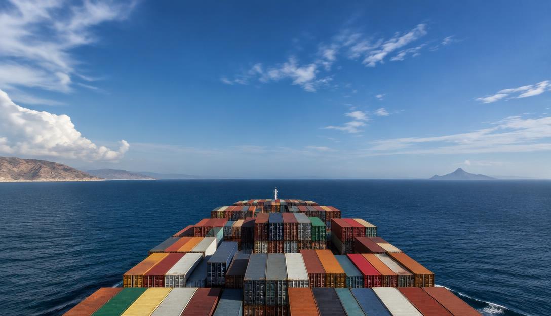 A calm Gulf of Aden seen over the bow of an ultra large container ship beneath a vast blue sky.