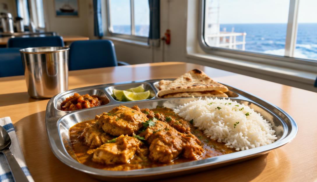 An elegant chicken curry dinner with rice and flatbread served in a bright ship mess at sea.