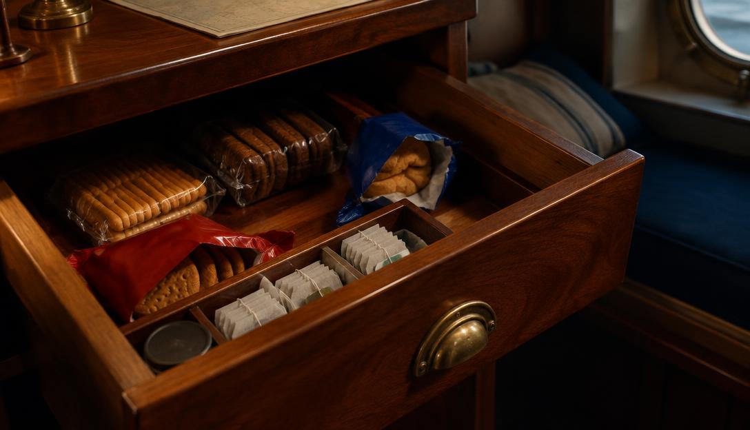 An open cabin drawer holding a carefully arranged dwindling collection of British biscuit packets and tea bags.