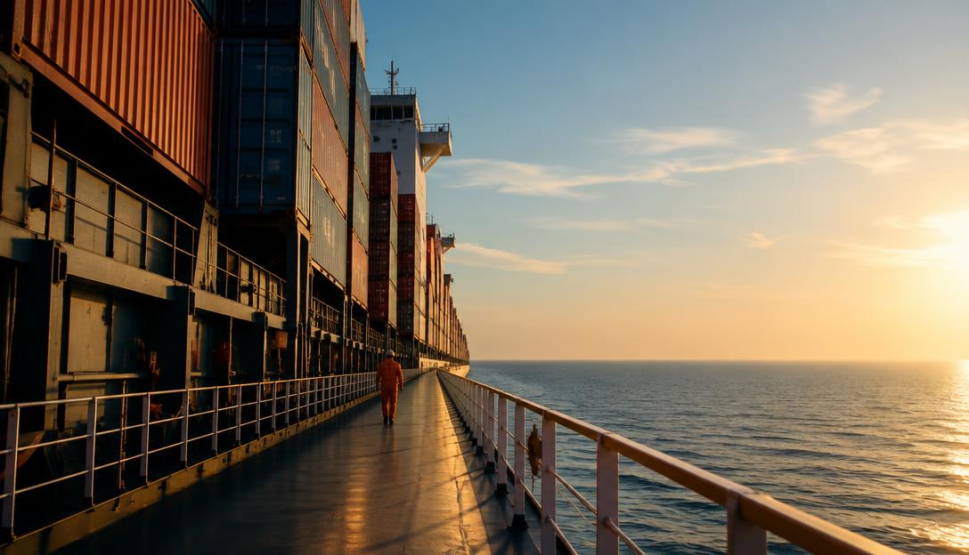 A long sunlit walkway beside stacked containers on a vast ship in a calm Arabian Sea.