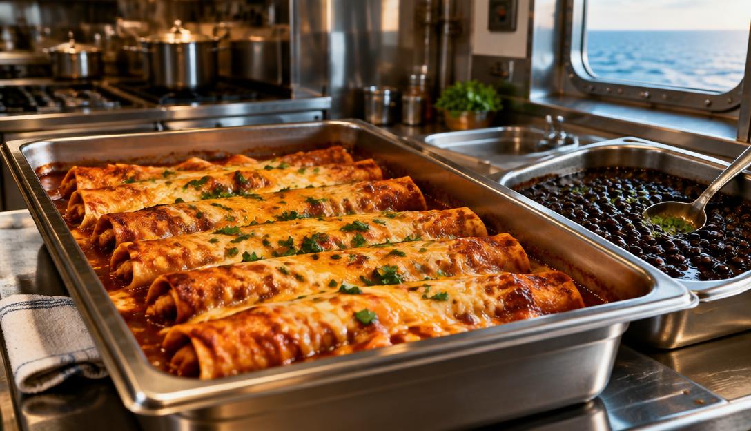 A tray of freshly baked enchiladas and black beans in a working container ship galley.