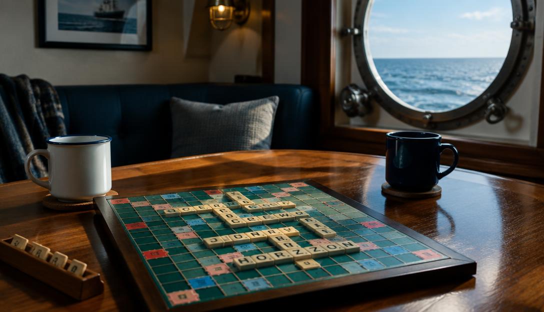 A Scrabble board on a crew lounge table with two mugs and ocean visible through a porthole.