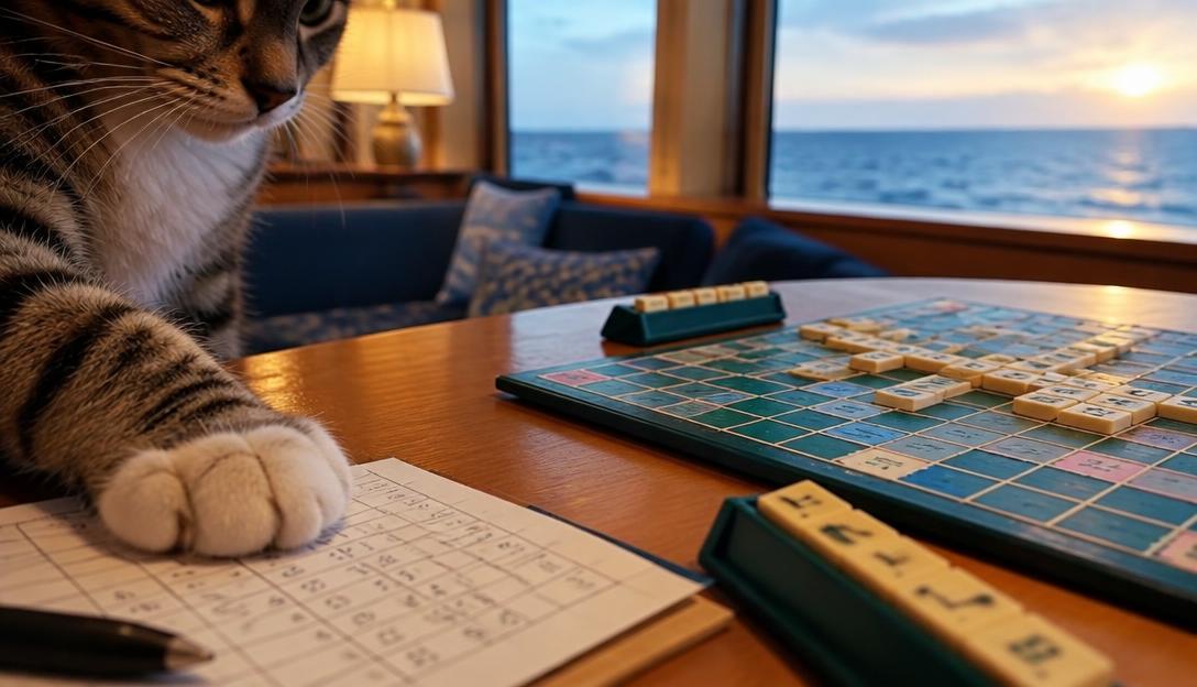 A close view of a Scrabble board at sea with a tabby cat paw resting on the score sheet.