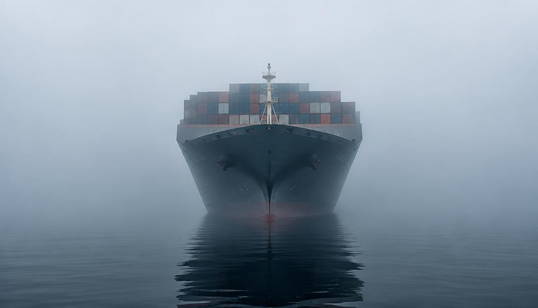 The bow of a container ship vanishing into pale grey mist over a calm sea.