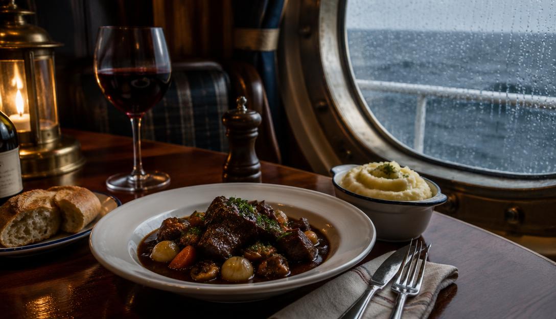 A French beef bourguignon dinner served beside a rain streaked porthole aboard a ship.