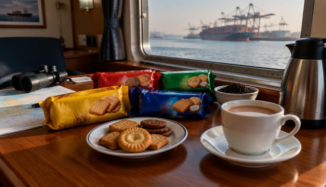 Colourful Sri Lankan biscuit packets and tea arranged on a ship cabin desk after a port call.
