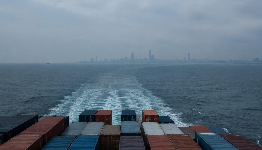 A misty ocean wake behind a departing container ship with Colombo barely visible in the distance.