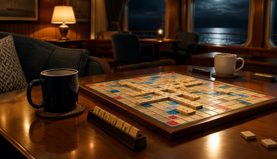 A nearly completed Scrabble game under warm lights in a quiet ship lounge at night.