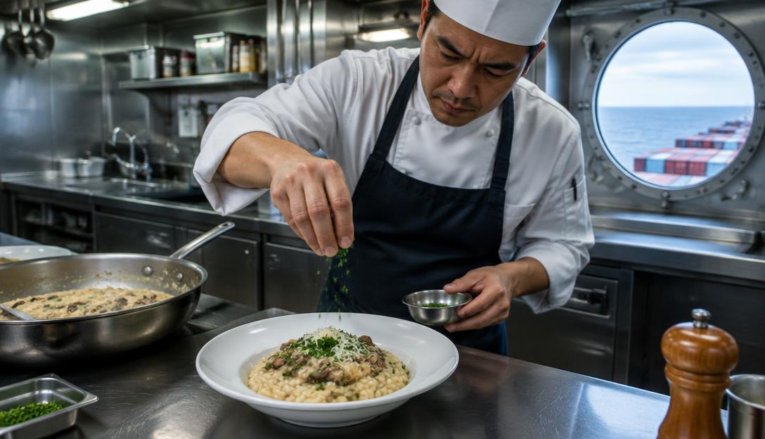 Creamy mushroom risotto being finished in the stainless steel galley of a large ship.