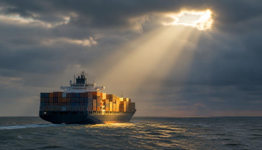 A narrow shaft of sunlight breaking through grey clouds onto container stacks at sea.