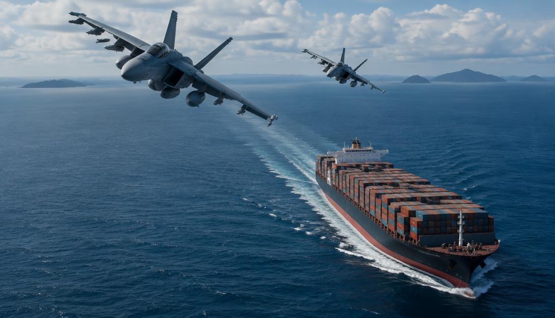 Two military jets banking high above an ultra large container ship in the Andaman Sea.