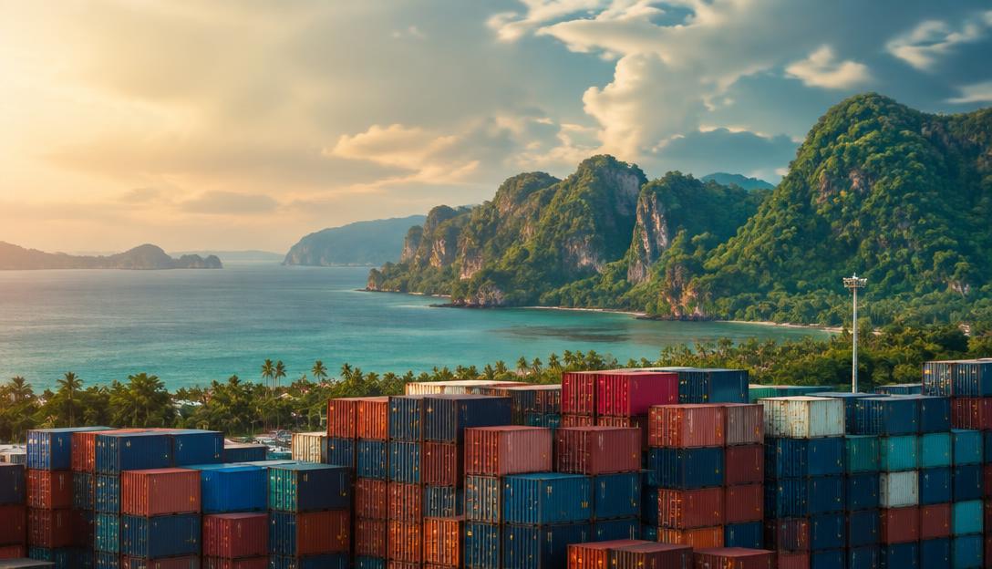 A green tropical coastline seen beyond container stacks under clearing clouds.