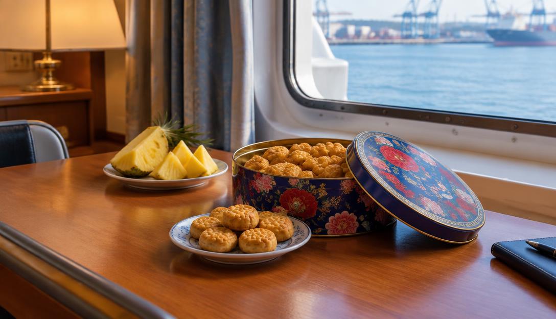 Malaysian pineapple biscuits and a decorative cookie tin on a cabin desk beside a port window.