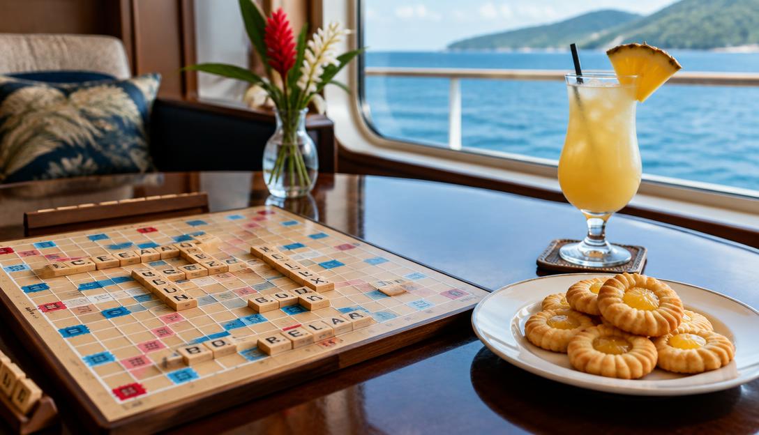 A Scrabble board and pineapple biscuits on a table with tropical sea outside the window.