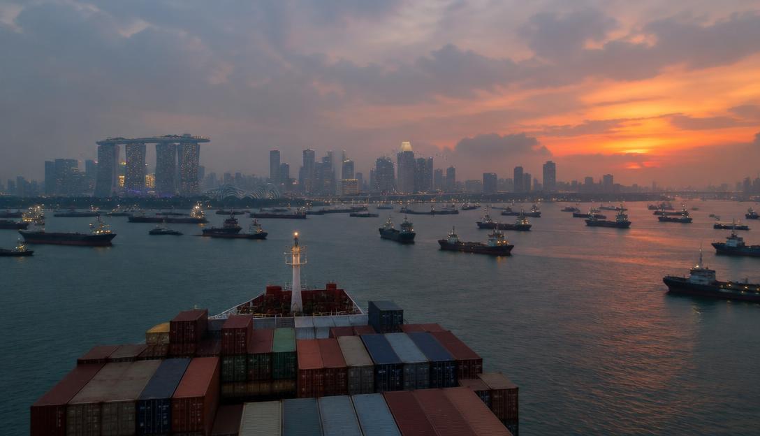 Singapore skyline and crowded anchorage seen from a container ship at twilight.