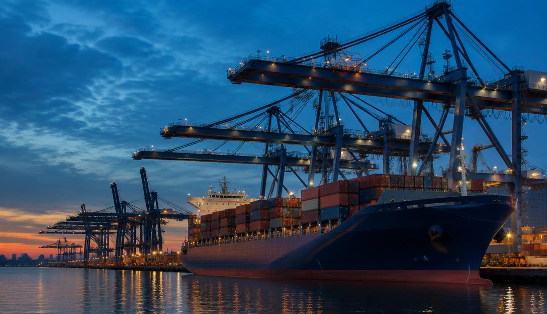 Towering container cranes working over a huge ship in Singapore before sunrise.