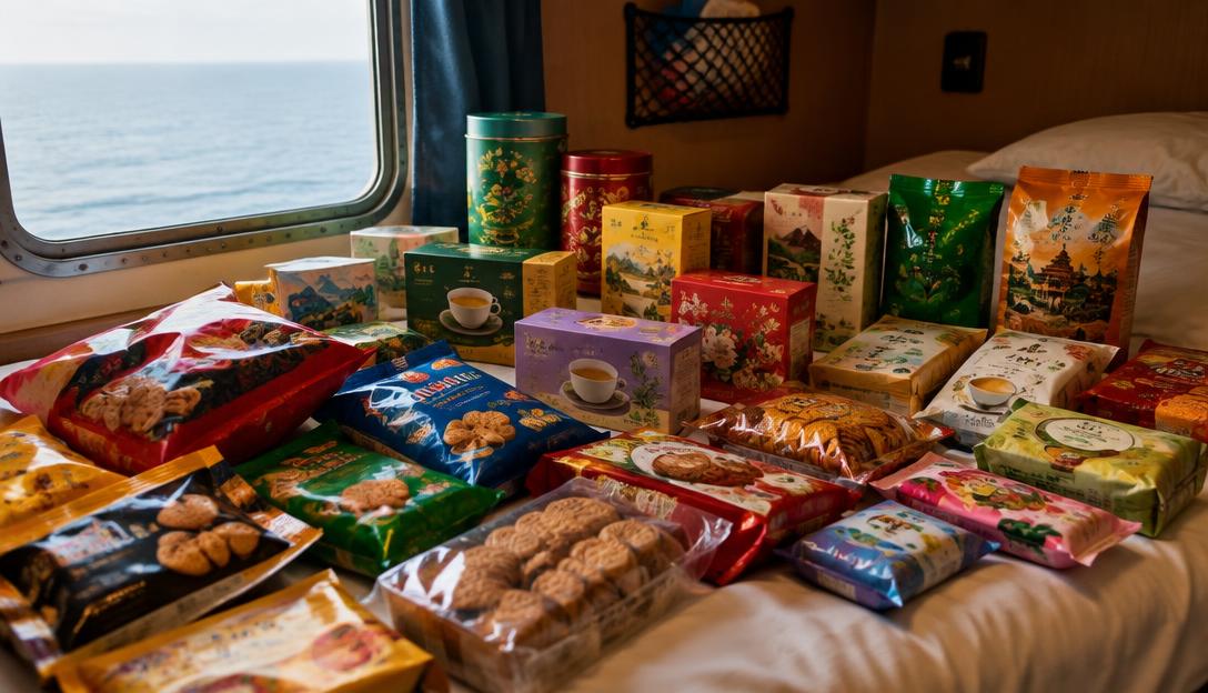 An abundant haul of Asian tea and biscuit packets spread across a ship cabin bunk.