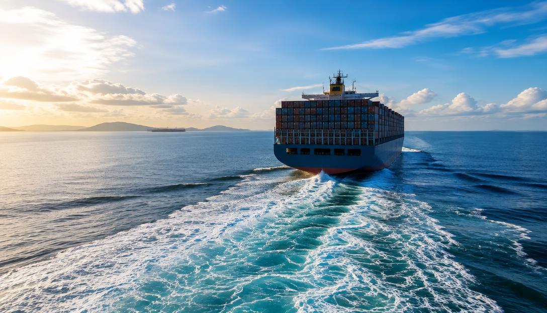 The broad wake of a departing container ship under tropical morning light.