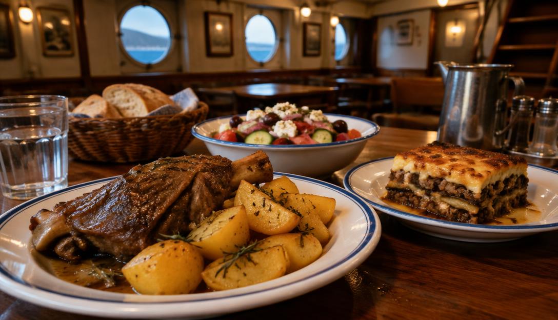A Greek dinner of lamb potatoes salad and moussaka in a warmly lit ship dining room.