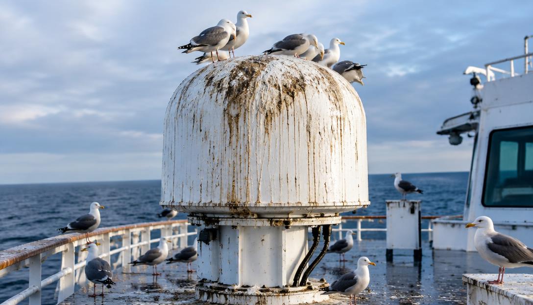A white marine satellite terminal on a ship upper deck covered by a flock of seagulls.