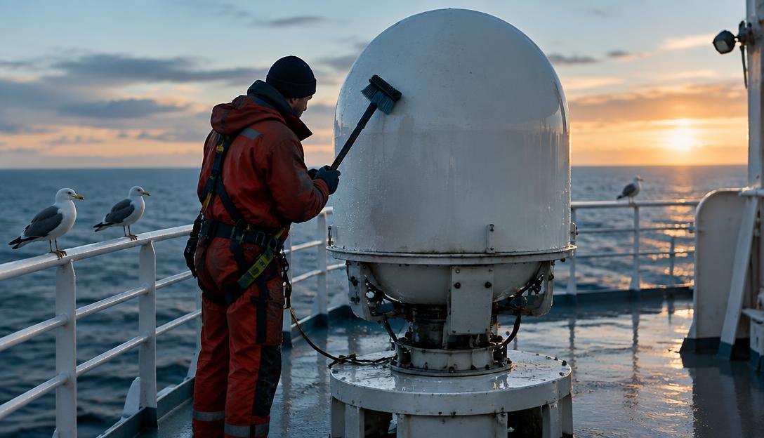 A man in safety gear cleaning a ship satellite terminal at dawn while seagulls watch from a rail.