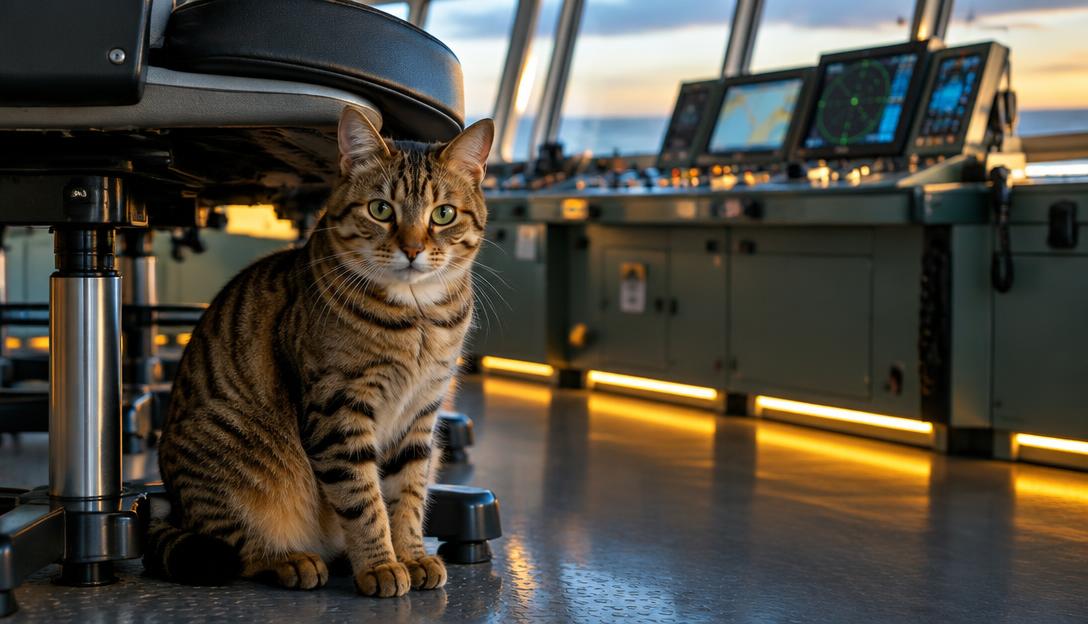 A tabby ship cat sitting beneath a chair in a glowing engine control room.