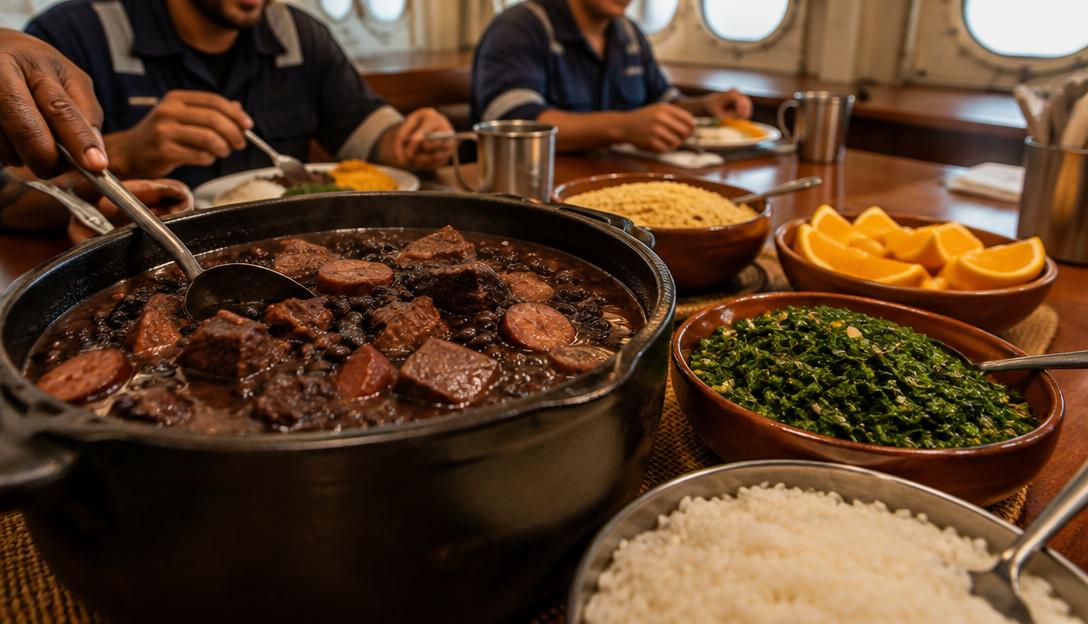 Brazilian feijoada with rice greens and orange served family style in a ship mess.