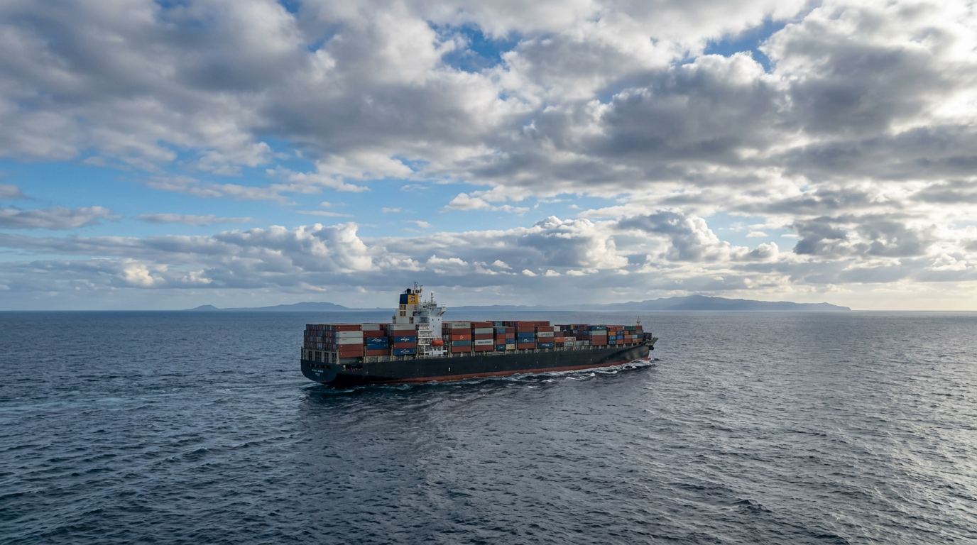 A large container ship crossing the Luzon Strait under broken clouds and blue sky.