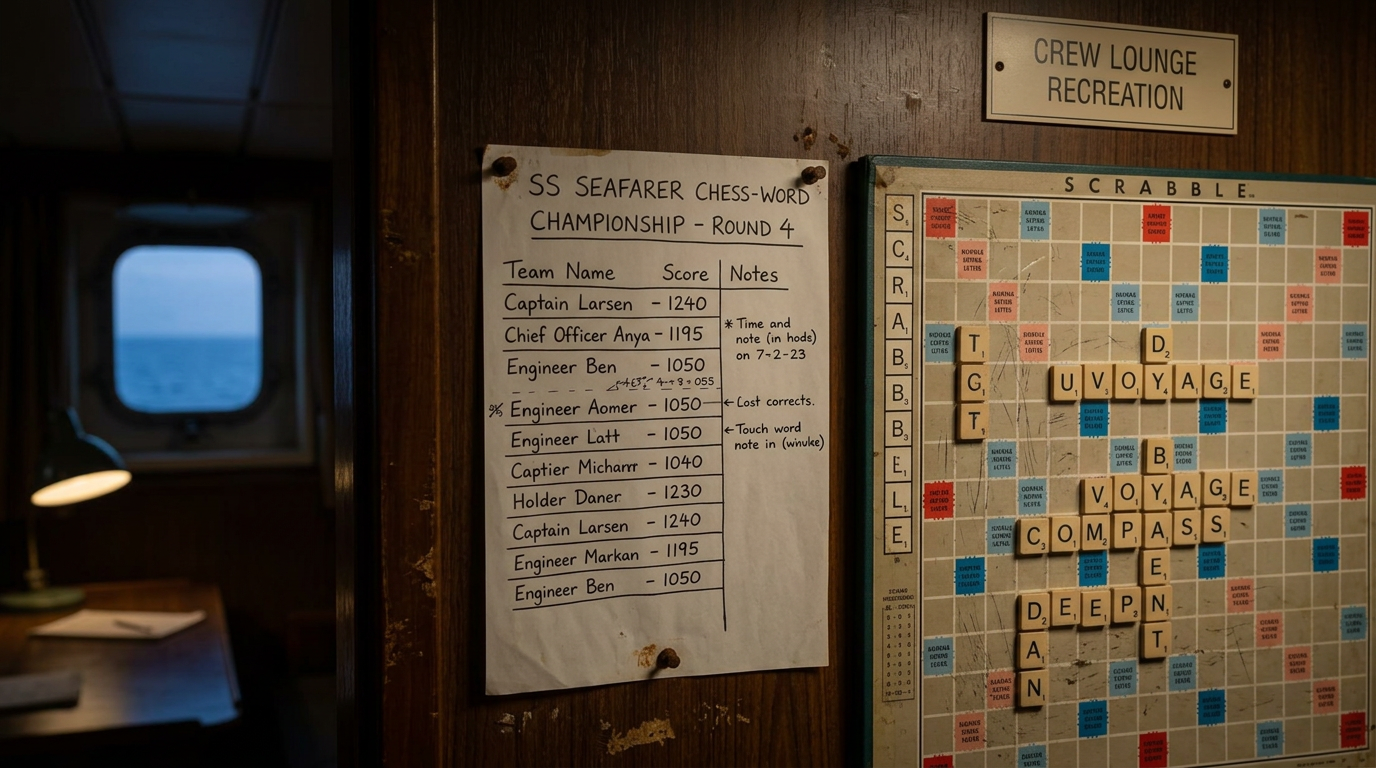 A handwritten Scrabble championship standings sheet pinned beside a game board in a ship lounge.