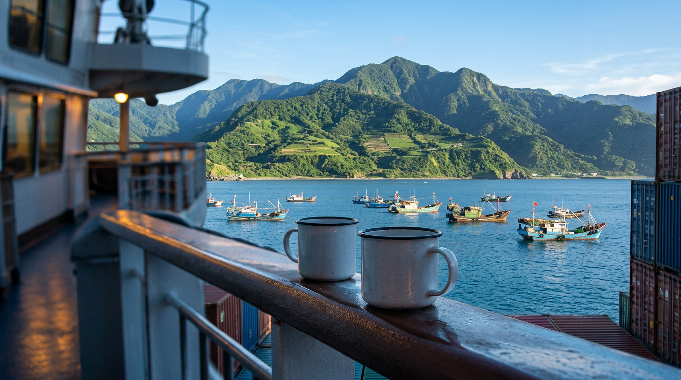Green mountains of Taiwan seen beyond fishing boats from a container ship.