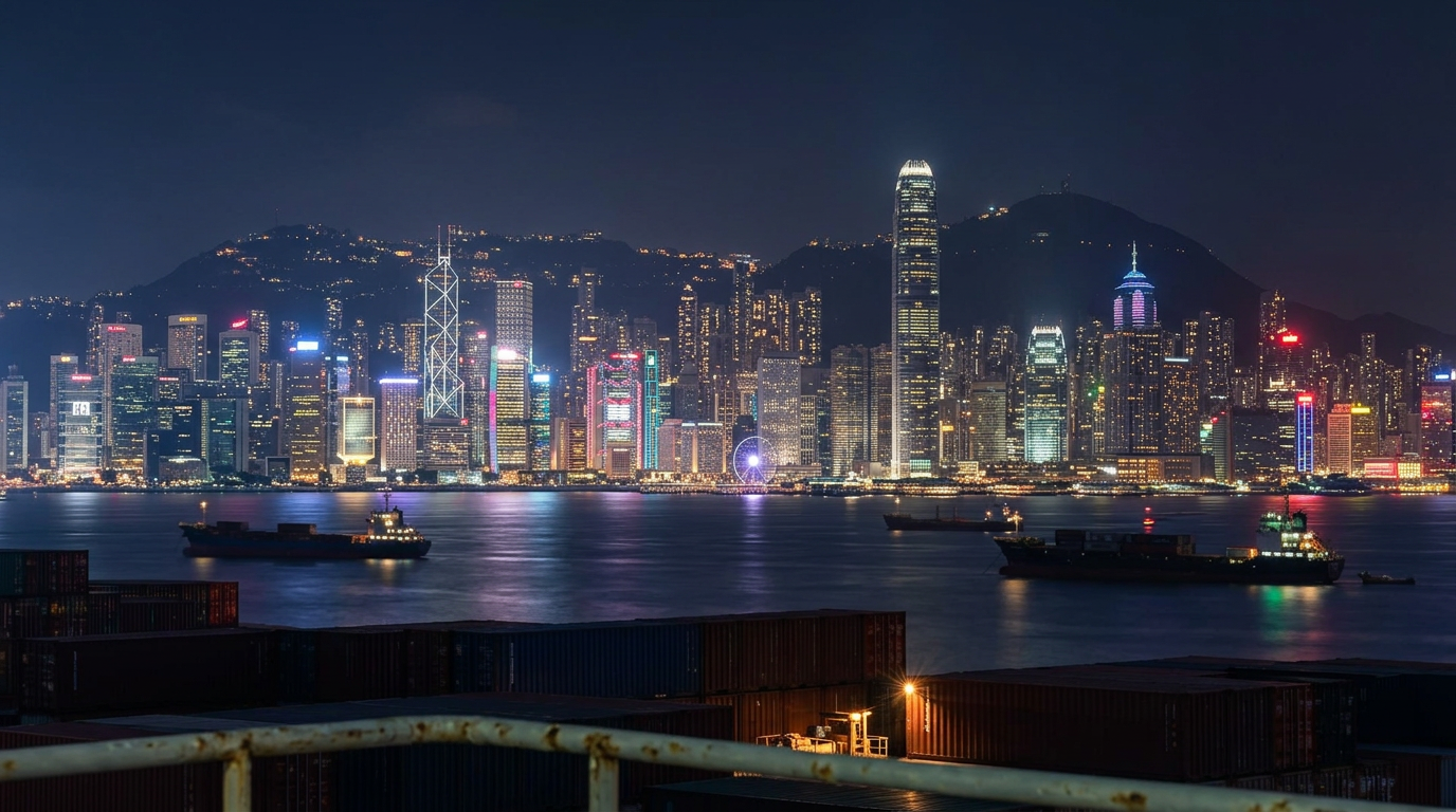 Hong Kong harbour lights and steep skyline seen from a ship anchorage at night.