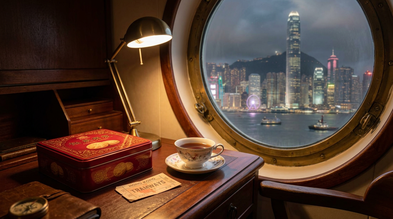 A red tin of Hong Kong almond cookies beside a tram ticket and tea on a ship desk.