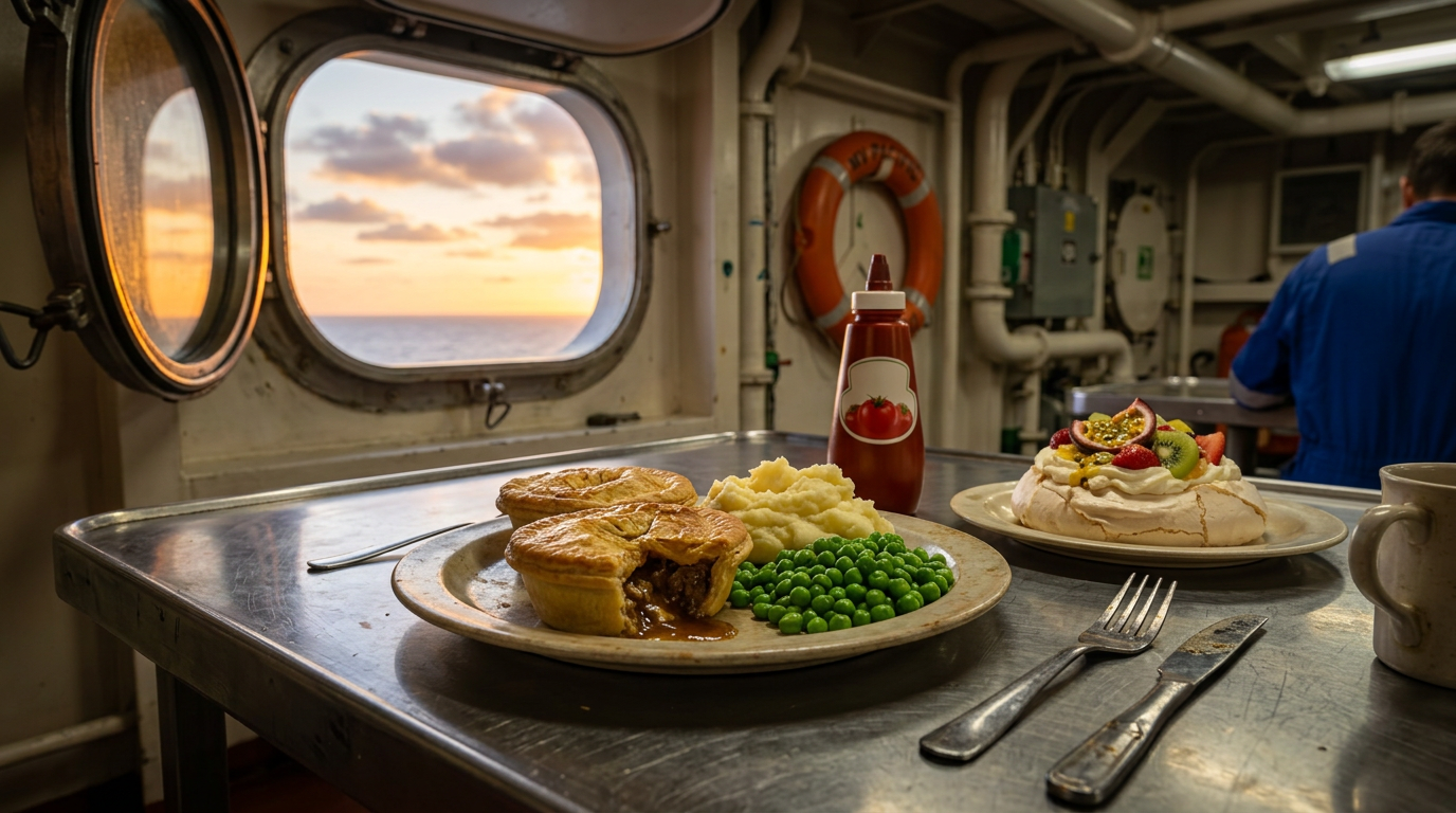 Golden meat pies mashed potato and peas served in a ship mess with pavlova nearby.