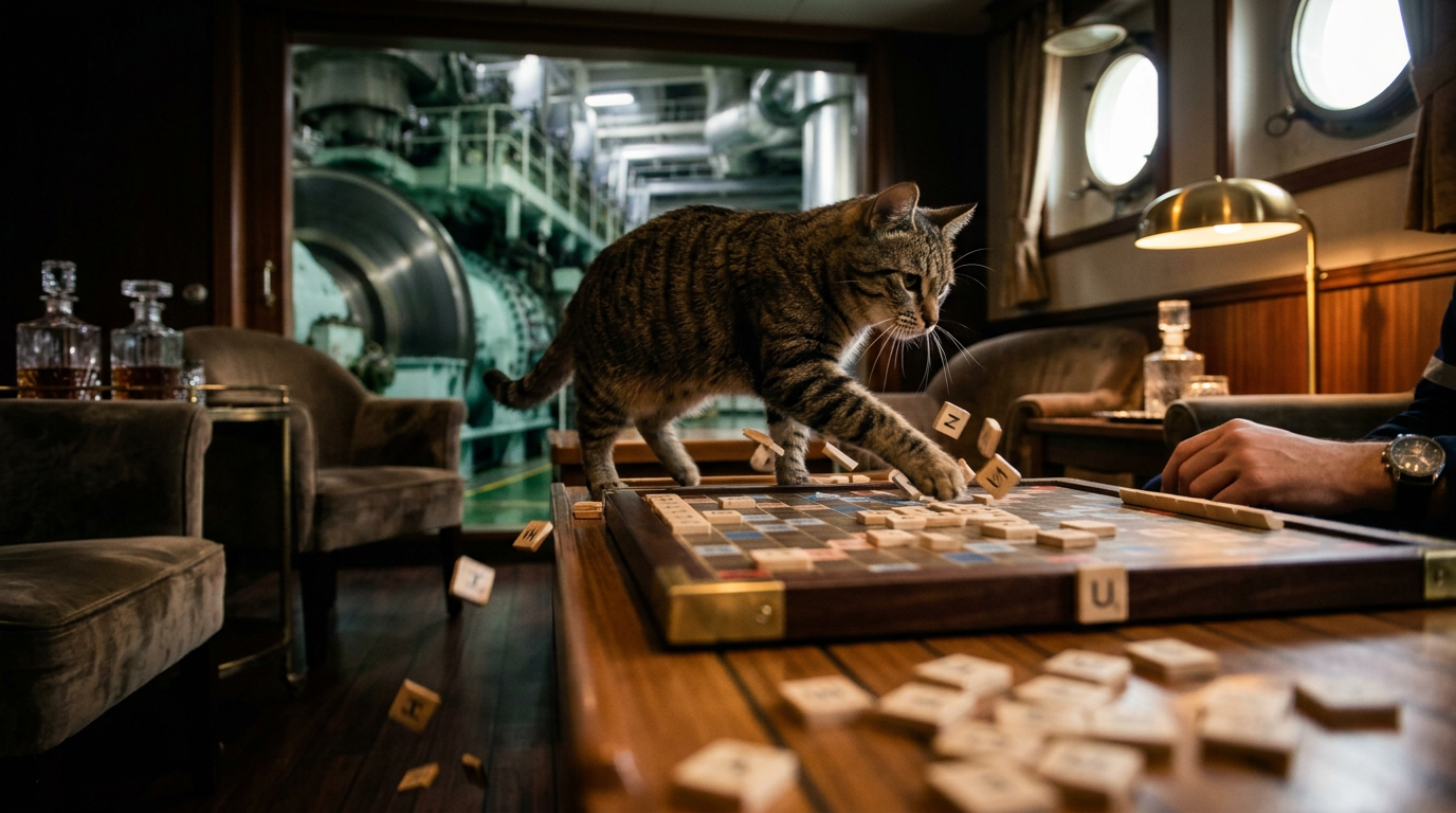 A tabby cat walking across a Scrabble board as letter tiles scatter in a ship lounge.