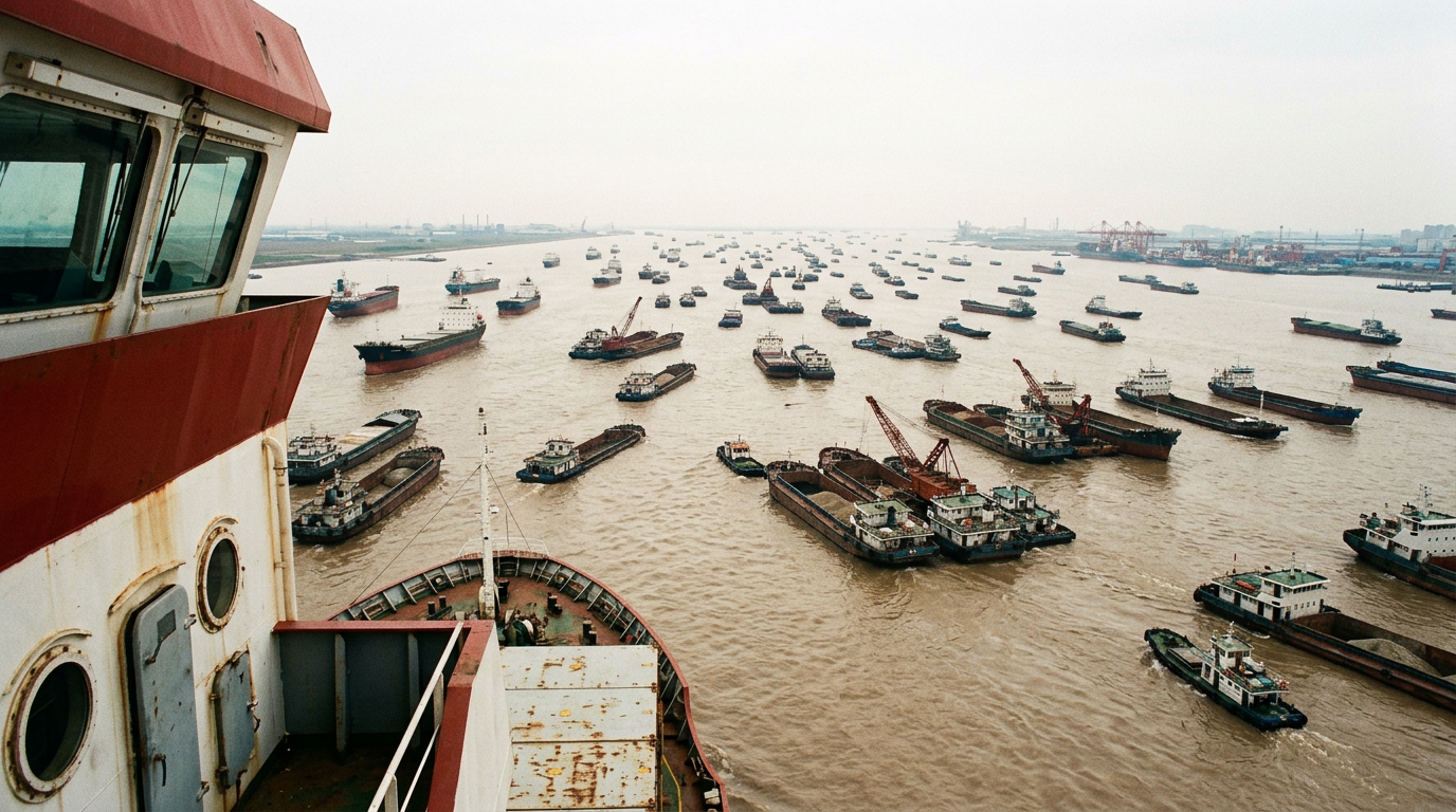 Busy muddy Yangtze approaches filled with ships and barges beneath a pale sky.