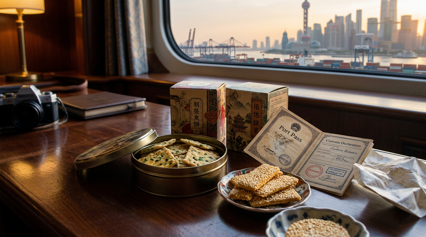 Chinese scallion crackers sesame wafers and boxed biscuits arranged beside a port pass.