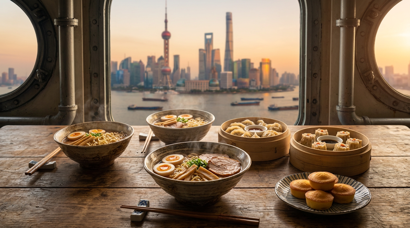 Bowls of ramen dumplings and small custard cakes laid out in a ship dining room.