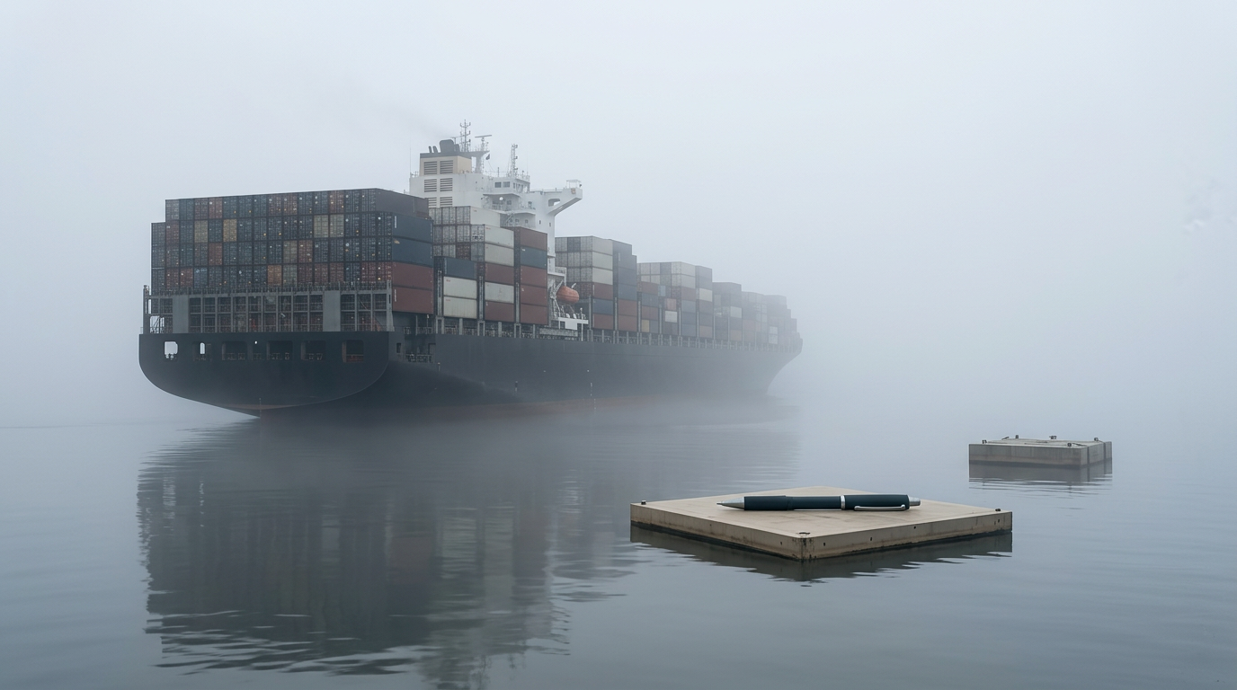A huge container ship moving through dense calm fog in the East China Sea.