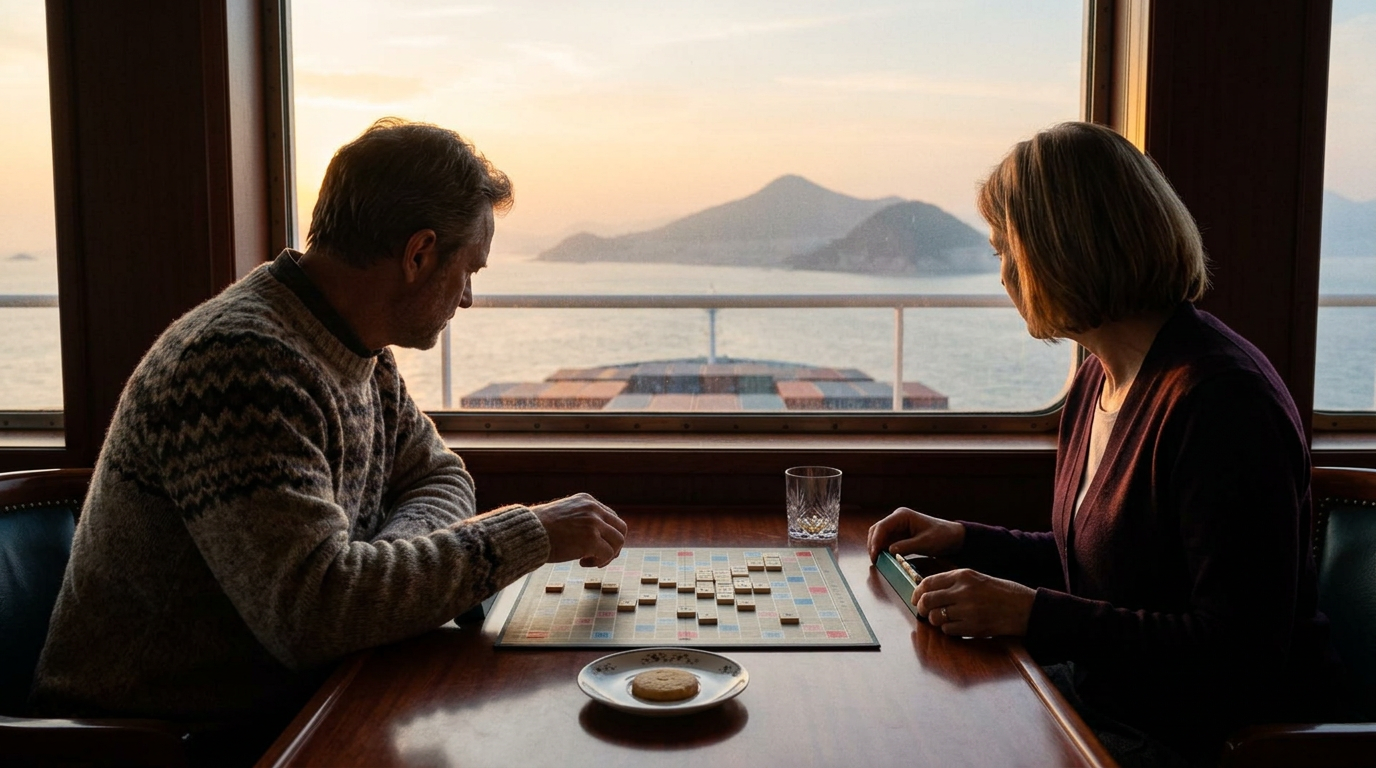 Two people seen from behind studying a tense Scrabble endgame in a quiet ship lounge.