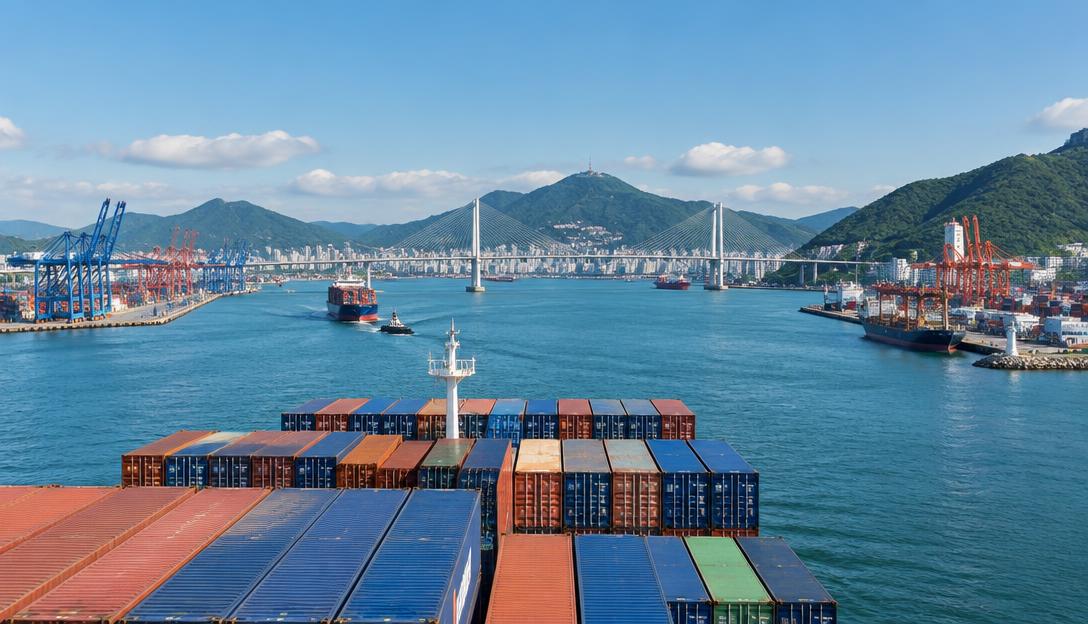 A tabby ship cat beside two people at the bow of a container ship as mist lifts over the Korea Strait.