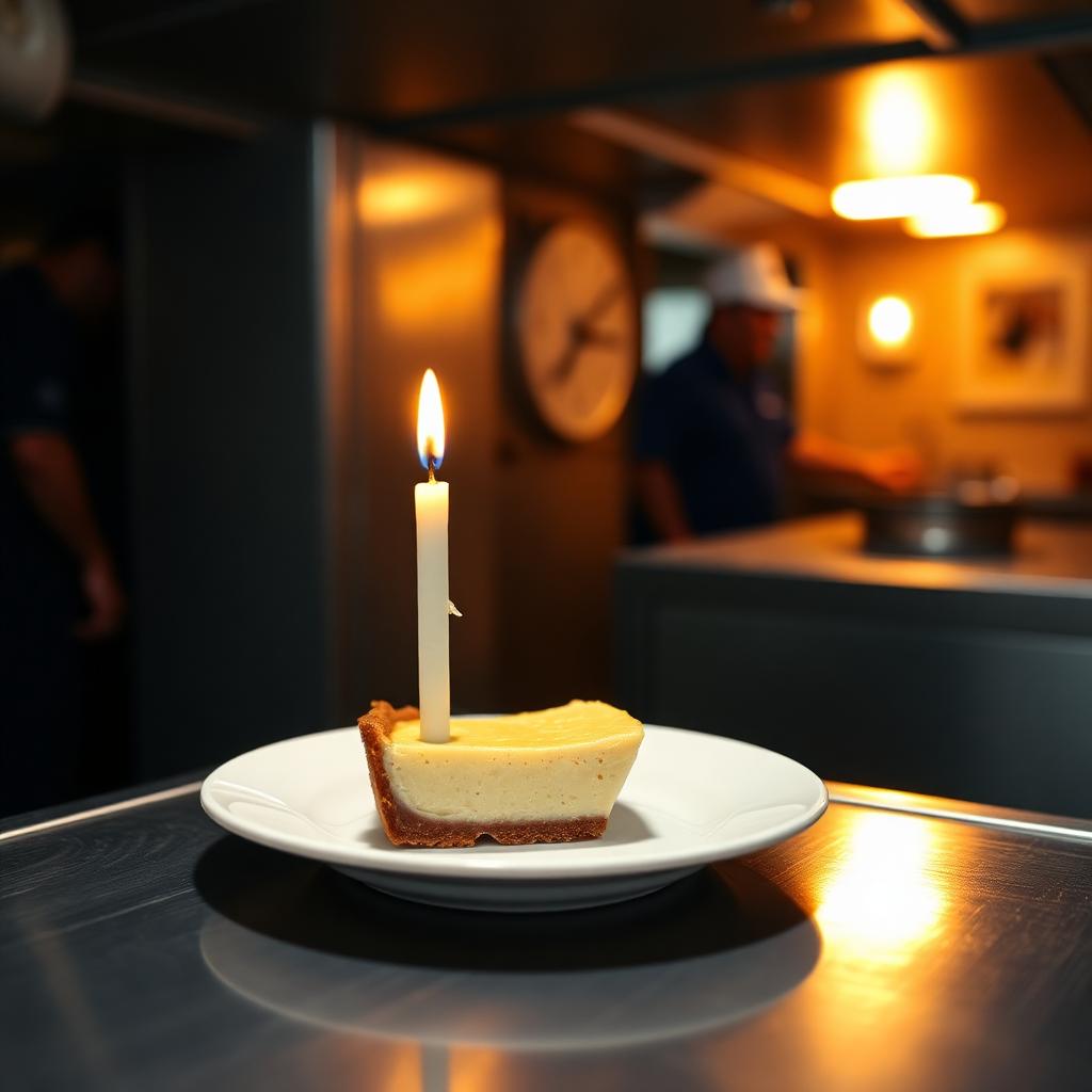 A single portion key lime pie with a lit candle on a plate in the ship's mess at dinner.