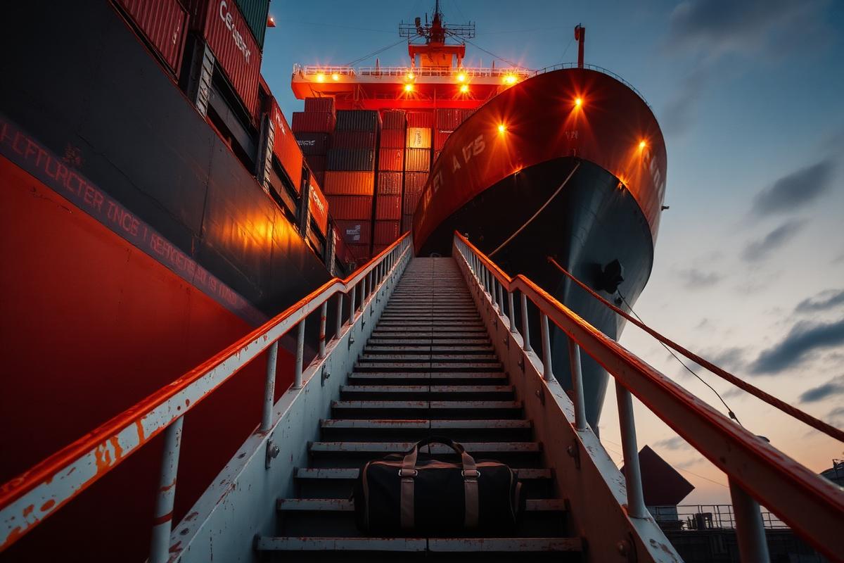 Looking up the steep gangway of a container ship at dusk, harbor lights glowing warm copper.