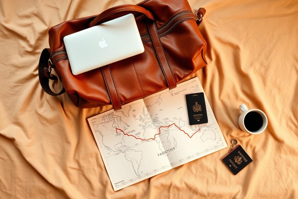 Overhead flat lay of a leather duffel, a MacBook, a world map with a copper route, and a passport.