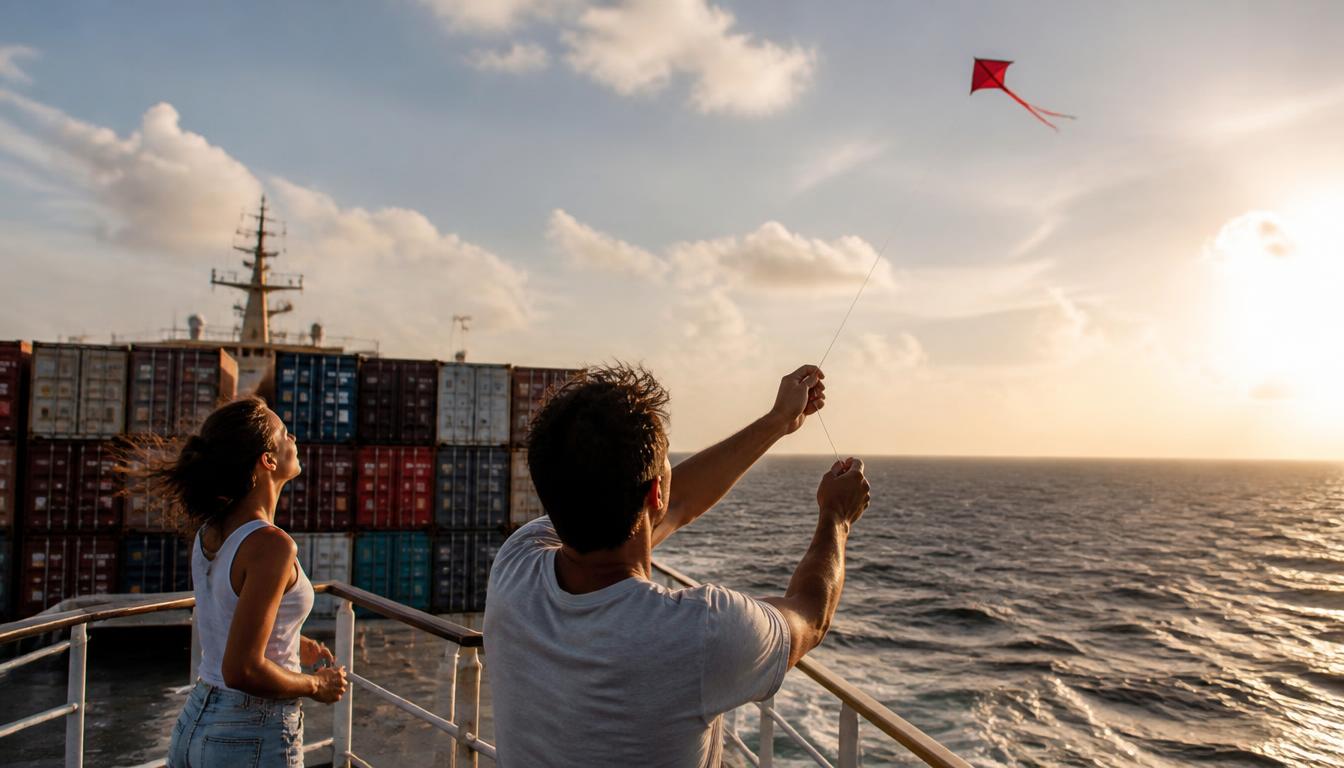 A man and woman flying a red kite from the deck of a container ship with stacked containers and open ocean behind them.