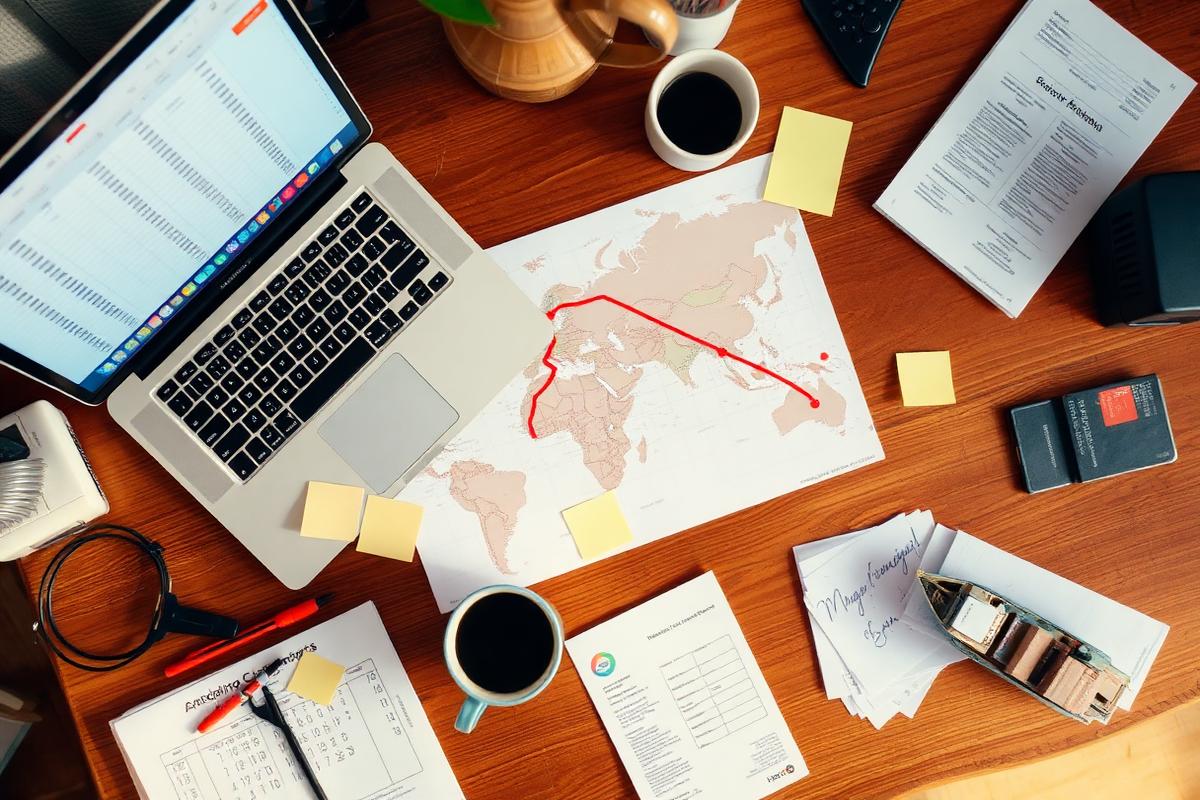 A cluttered desk with a MacBook, a world map with a red route, and a coffee cup.