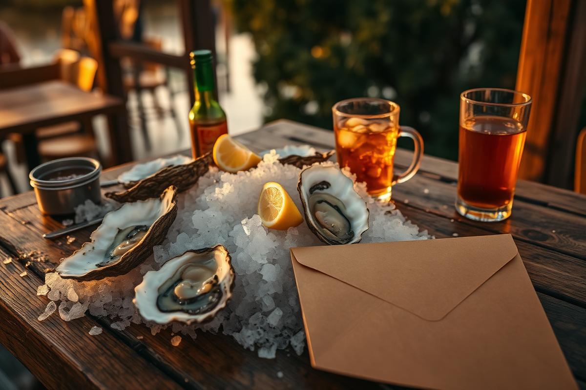 A dozen oysters on ice on a rustic wooden table at golden hour, with a manila envelope of paperwork.