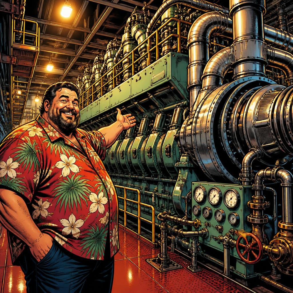 Comic book style illustration of Big Kev in a Hawaiian shirt gesturing at a massive ship engine in a gleaming engine room.