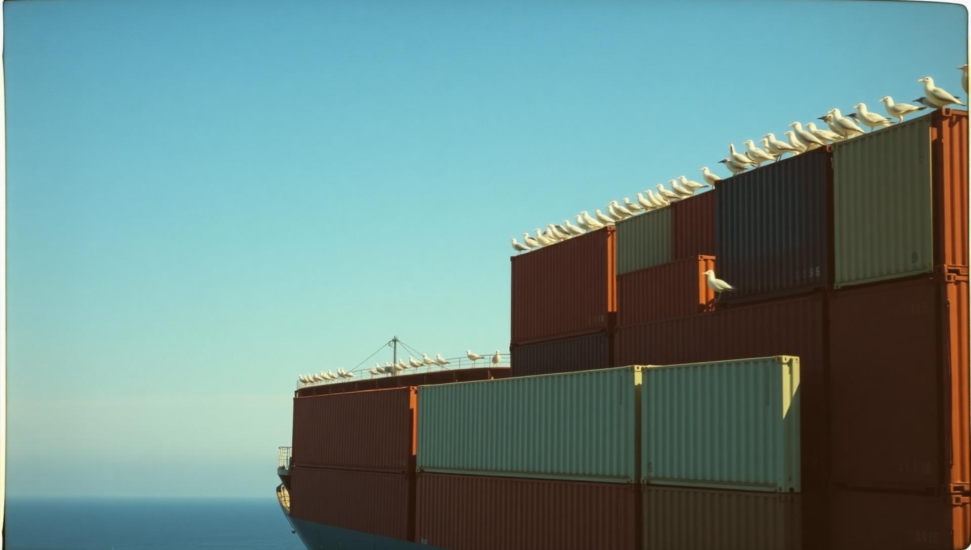 Seagulls perched along the top of stacked shipping containers on a container ship under a clear blue sky.