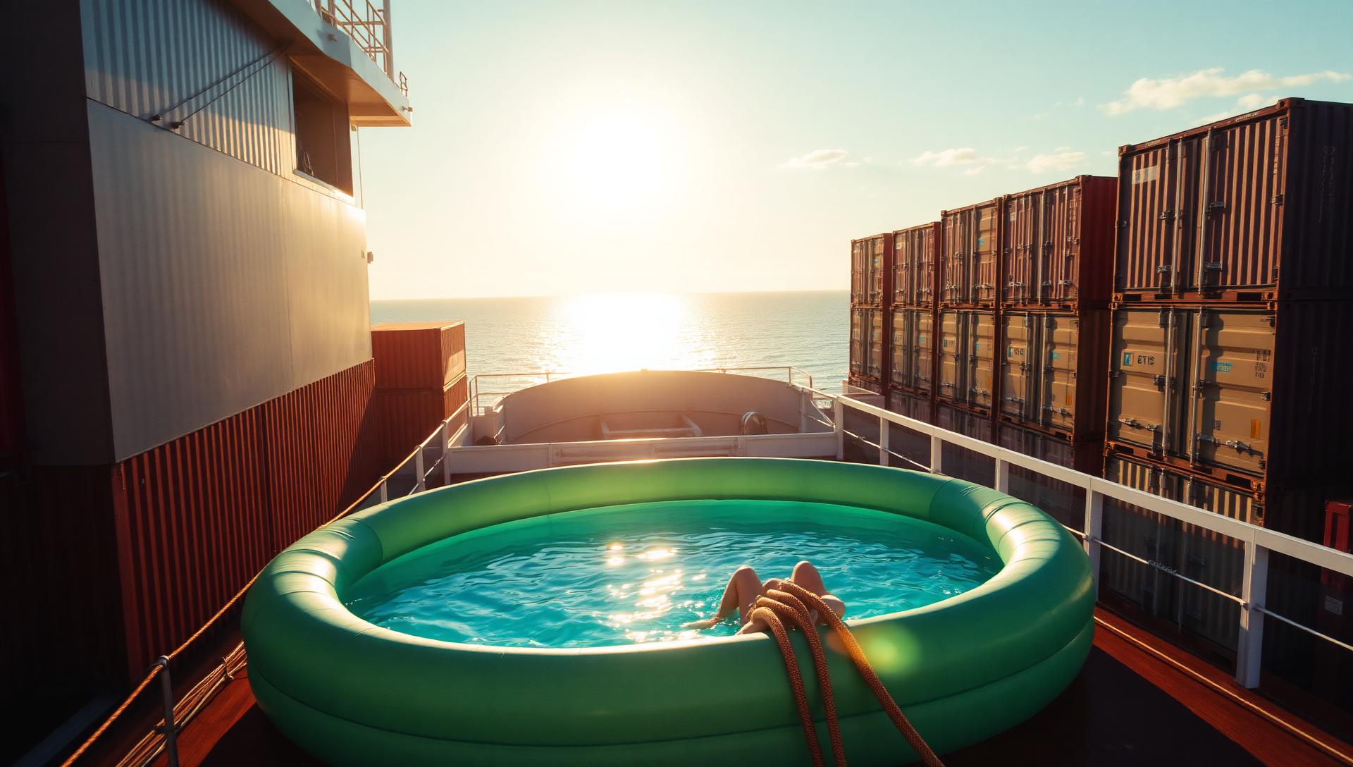 A small inflatable pool filled with bright water on the deck of a container ship, stacked containers and open ocean behind it.